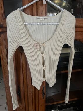 Kimchi Blue Cream Ribbed Scoop Neck Button Cardigan
